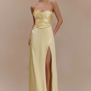 Larissa Satin Maxi Dress with Ruched Petals- Lemon